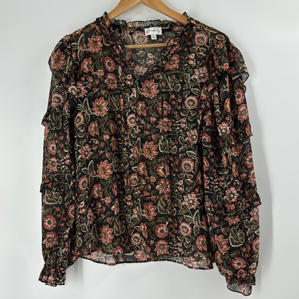 Wonderly Romantic florals sheer balloon sleeve ruffles boho top XL